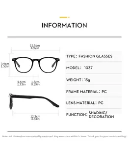 Detailed size chart for kids silicone oval glasses frame with full dimension measurements