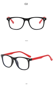 Front and side view of children's square black and red anti-blue light glasses frame