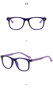 Front and side view of square purple silicone anti-blue light glasses frame for children
