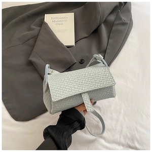 Close-up of light blue woven texture and golden hardware on the shoulder bag detail