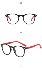 Front and side views of children's oval blue light blocking glasses in black and red