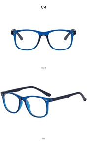 Detailed front and side view of blue transparent square frame glasses with silver studs