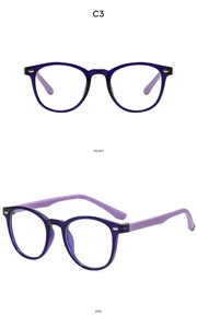 Front and side views of purple silicone oval anti-blue light glasses frames for children
