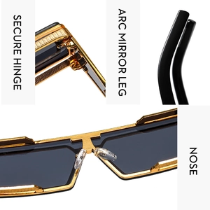 Détails de lunettes de soleil en métal doré avec charnières solides et branches arquées