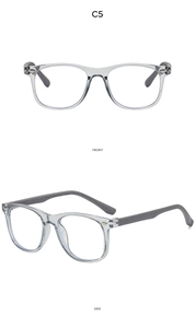 Front and side views of children square blue light blocking glasses in transparent grey