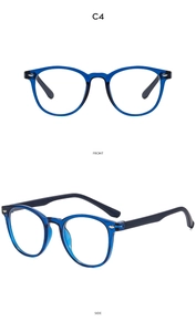 Detail view of blue oval kids anti-blue light glasses frame with silver rivets C4