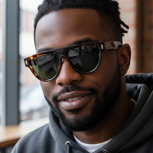 Trendy large tortoiseshell sunglasses with dark lenses worn by a male model for outdoor fashion
