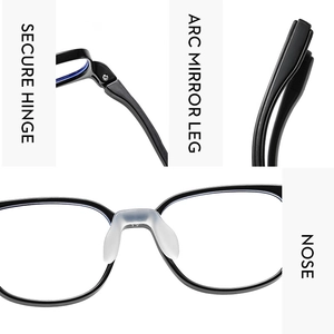 Detail of square kids glasses showing secure hinge, arc mirror leg and comfy nose pads