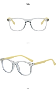 Front and side views of square blue light blocking glasses in grey and yellow colors