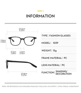 Detailed size chart for kids square frame blue light glasses with precise measurements