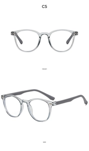 Front and side views of transparent gray round kids glasses frames with oval rivet details