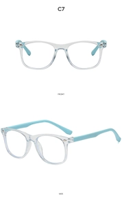 Detail of square kids blue light blocking glasses in light blue and dark blue temples