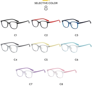 Selection of kids square frame anti-blue light glasses in eight diverse color options