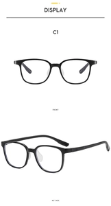 Front and 45-degree side view of black square frame glasses for children