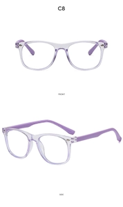 Front and side views of purple translucent kids square frame anti-blue light glasses