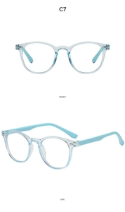 Front and side view of light blue oval silicone anti-blue light glasses for children