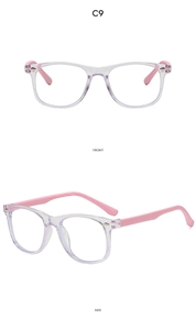 Front and side view of children's square purple anti-blue light glasses with pink temples