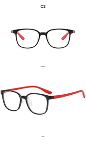 Front and side views of square blue light blocking glasses in black and red finish