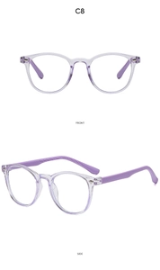 Detail view of purple oval kids' anti-blue light glasses with wave texture temples