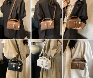 Collage of chic leather crossbody bags in four colors styled with modern outfits