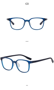 Front and side views of children's square blue-light blocking glasses in deep blue finish
