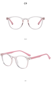 Front and side view of kids pink oval blue light blocking glasses with silicone frames