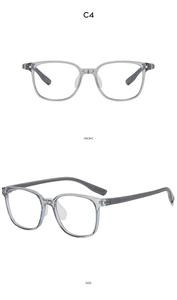 Front and side views of kids square blue light blocking glasses in transparent grey