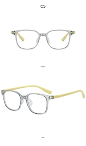 Detail view of transparent grey square kids glasses frame with yellow temples C5