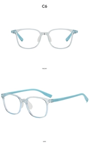 Front and side view of square light blue kids optical frame with textured temples