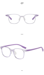 Dual view of translucent light purple square frames and solid purple temples for kids