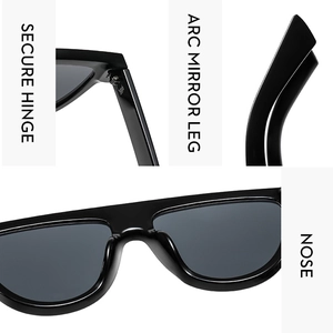 Detail view of large frame sunglasses showing secure hinges and integrated nose pads