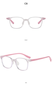Front and side view of square pink transparent anti-blue light glasses frames for children
