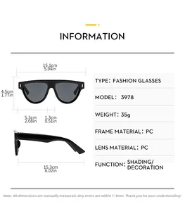 Detailed sizing chart for oversized vintage square sunglasses showing PC frame dimensions