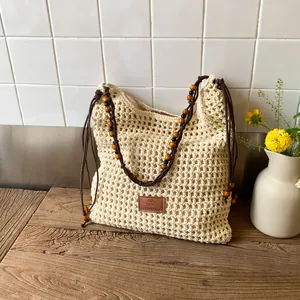 Women Woven Tote Bag Handmade Crochet Hollow Out Straw Shoulder Bag With Wooden Beads Strap Bohemian Summer Beach Handbag