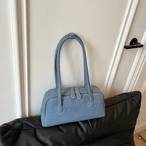 Women Denim Boston Bag Solid Color Large Capacity Casual Shoulder Crossbody Bag Retro Bowling Bag Urban Simple Style