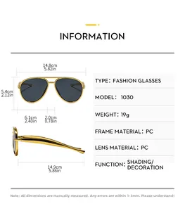 Detailed size specifications for classic double-bridge pilot sunglasses with PC frame