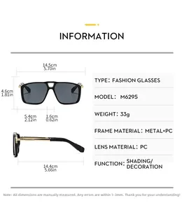 Detailed size guide and technical specifications for square frame fashion sunglasses