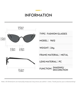 Detailed sizing chart for retro metal cat-eye sunglasses with precise frame measurements