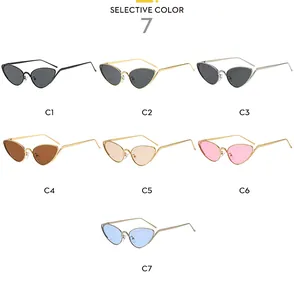 Selection of seven cat-eye sunglasses with thin metal frames in various lens colors