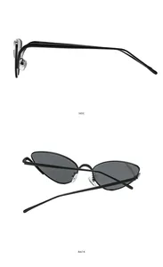 Side and back view of retro cat-eye sunglasses with thin black metal frames and dark lenses