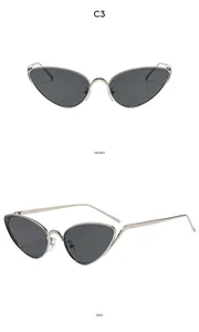 Detail view of retro cat-eye sunglasses with slim silver metal frame and dark gray lenses