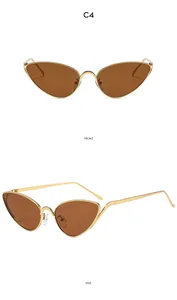 Front and side view of gold metal cat-eye sunglasses with dark brown lenses