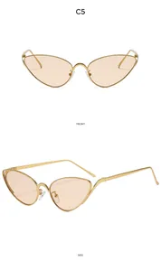 Front and side view of vintage cat-eye sunglasses with gold metal frame and orange lenses