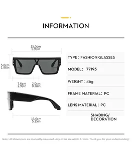 Size chart for oversized sunglasses showing dimensions of frame, lens, and temple length