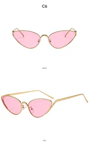 Detailed front and side view of cat-eye sunglasses with gold metal frame and pink lenses