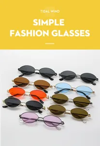 Detailed flat lay of oval metal sunglasses in multiple lens colors and frame finishes