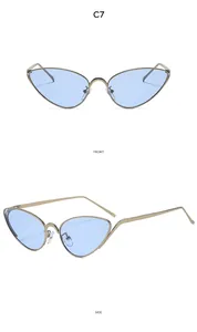Front and side view of vintage cat-eye sunglasses with light blue lenses and gold metal frame
