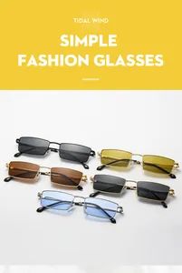 Detailed display of five retro rectangle metal frame sunglasses in varied lens colors