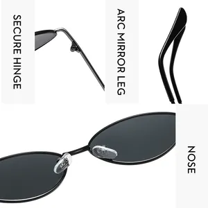 Detail view of oval sunglasses with secure hinges, arc legs, and comfortable nose pads