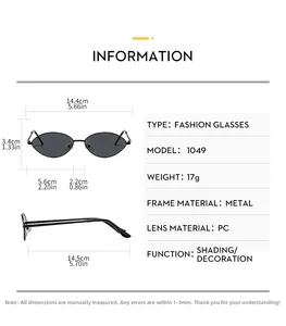 Detailed size chart for vintage oval metal sunglasses showing dimensions and specifications